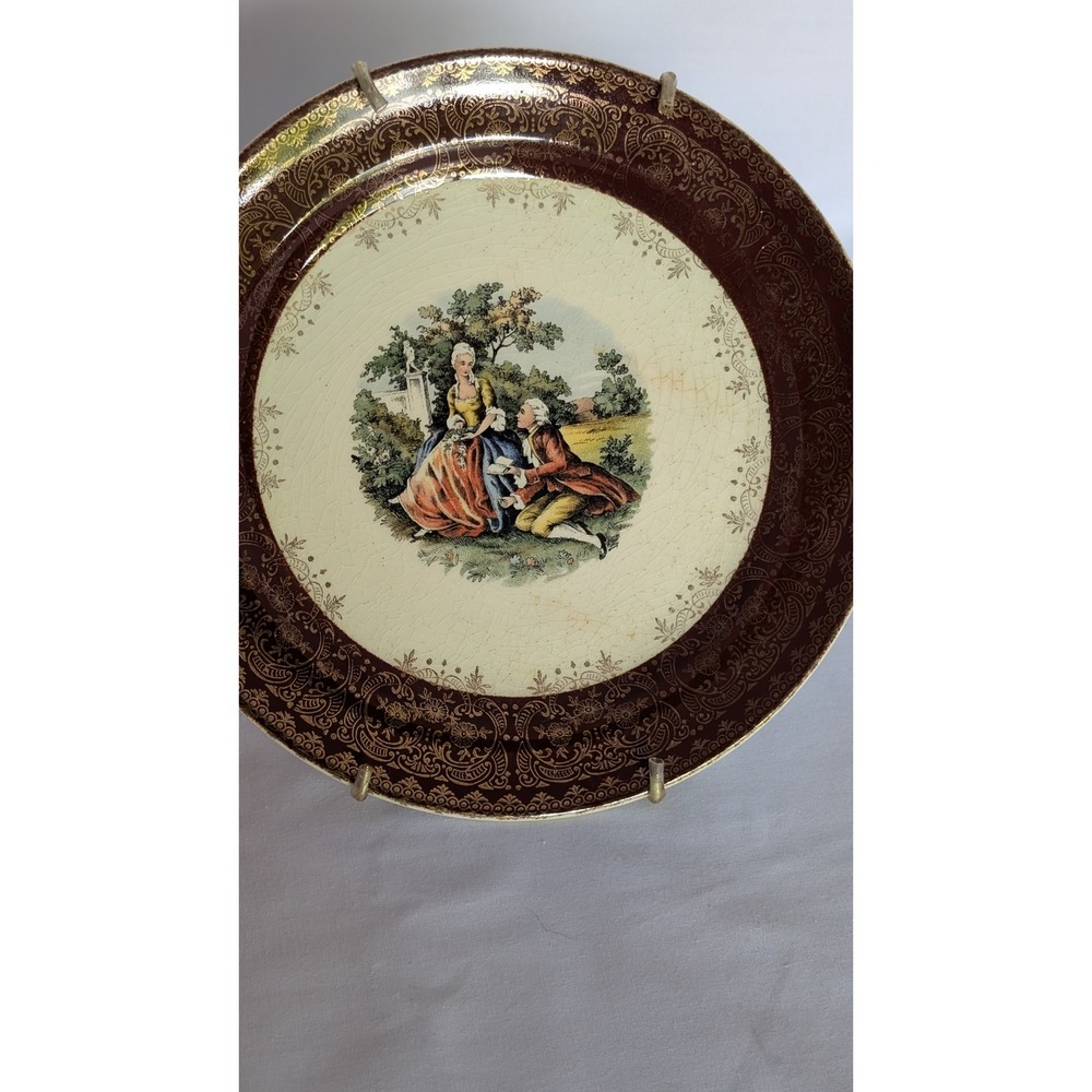 Vintage Taylor Smith Taylor Courting Couple Wall Plate Maroon Gold Filigree 7.25